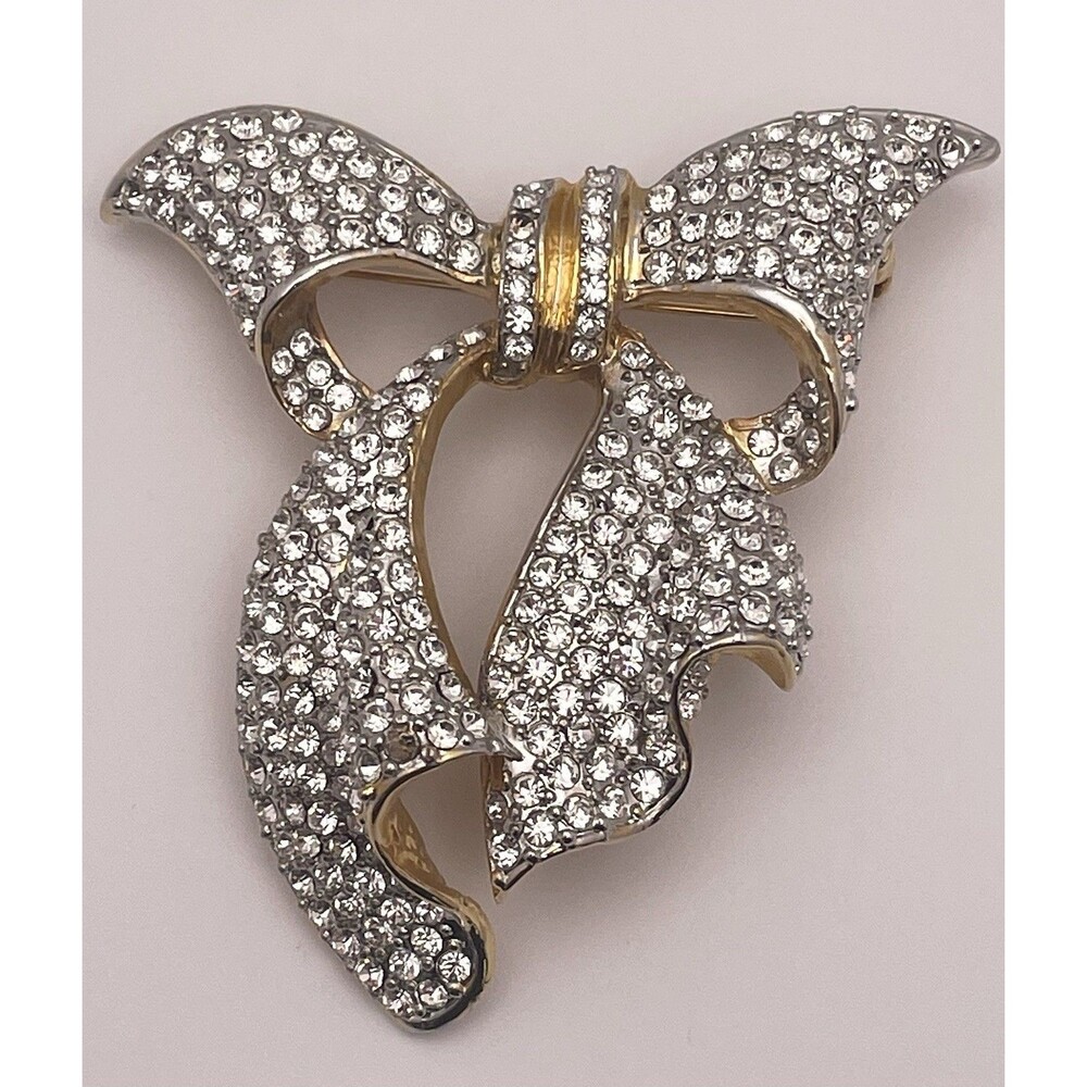 Sparkly Rhinestone Bow Gold Tone Brooch Pin